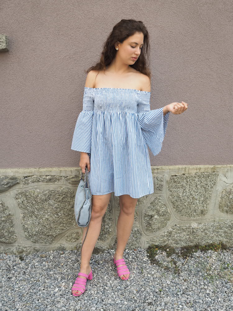 off the shoulder dress, loefller randall finley shoes, stella mccartney falabella