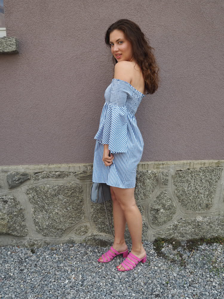 zara off the shoulder dress, loefller randall finley shoes, stella mccartney falabella