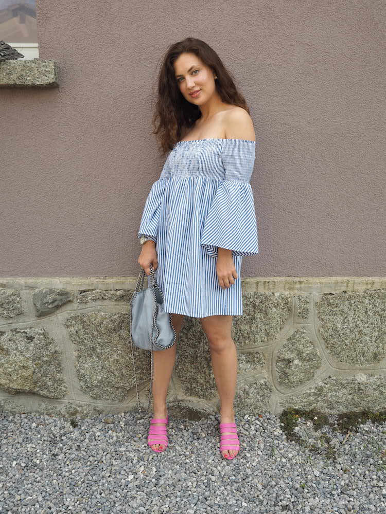 off the shoulder dress, pink loefller randall finley shoes, stella mccartney falabella