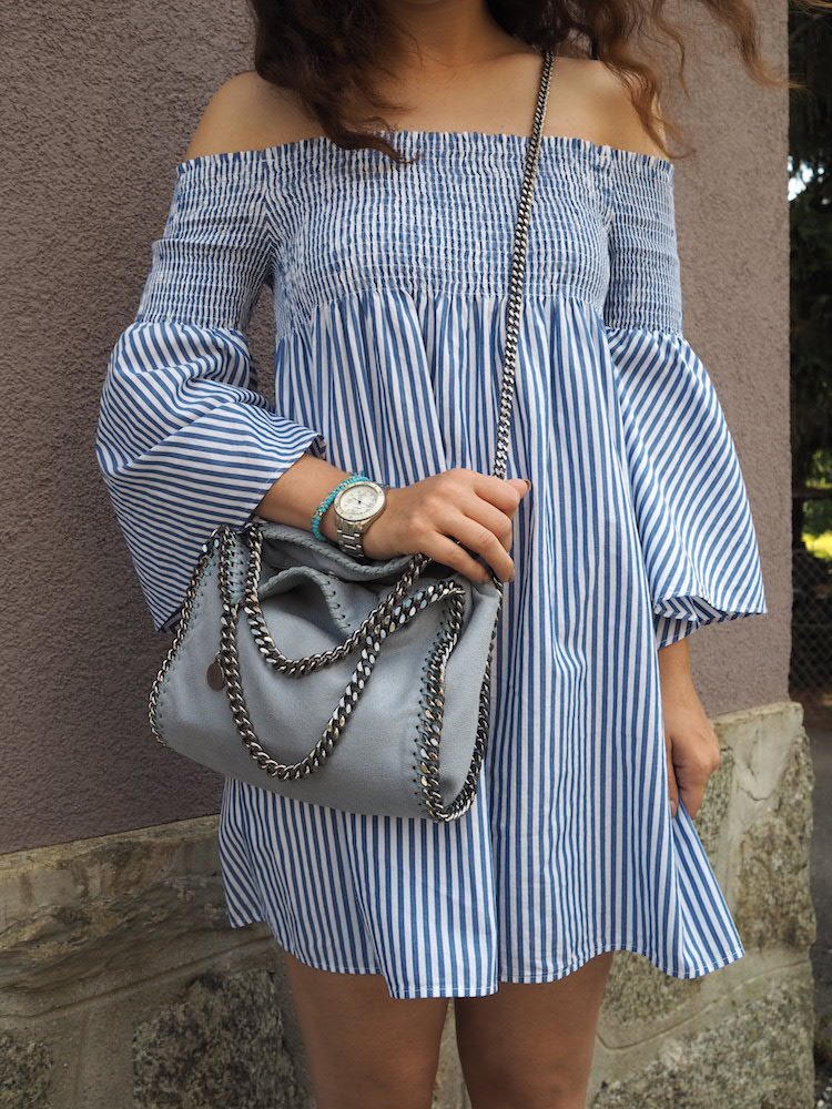 off the shoulder dress, stella mccartney mini falabella