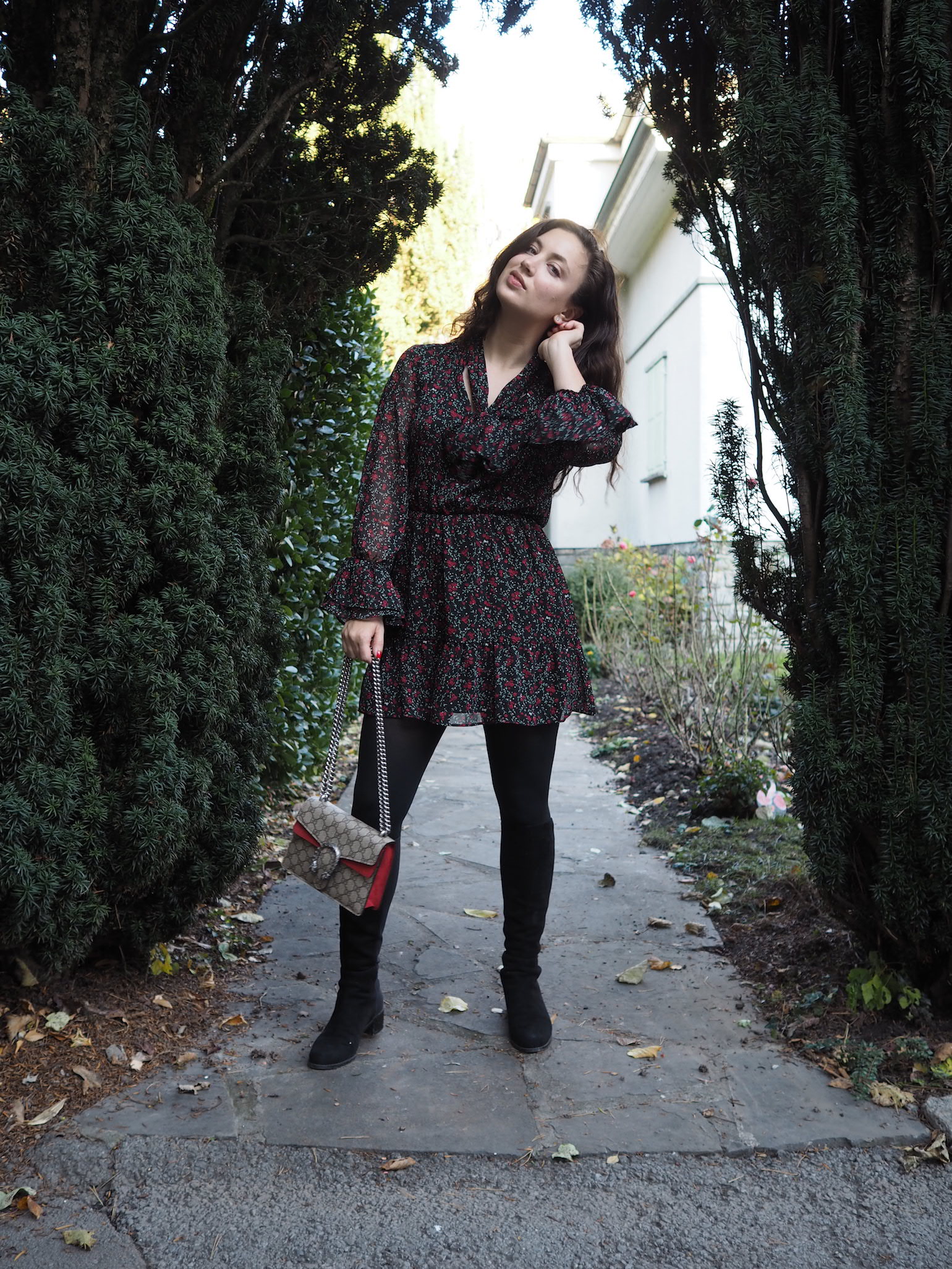 Winter Mini Dress, Stuart Weitzman Boots, Gucci Dionysus