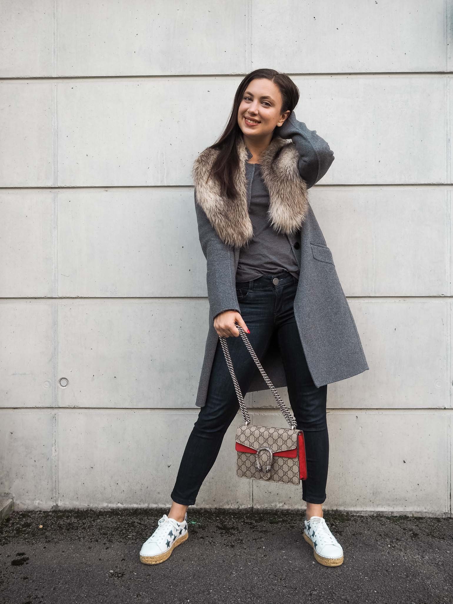 Fashion blogger is wearing a casual weekend style with faux fur