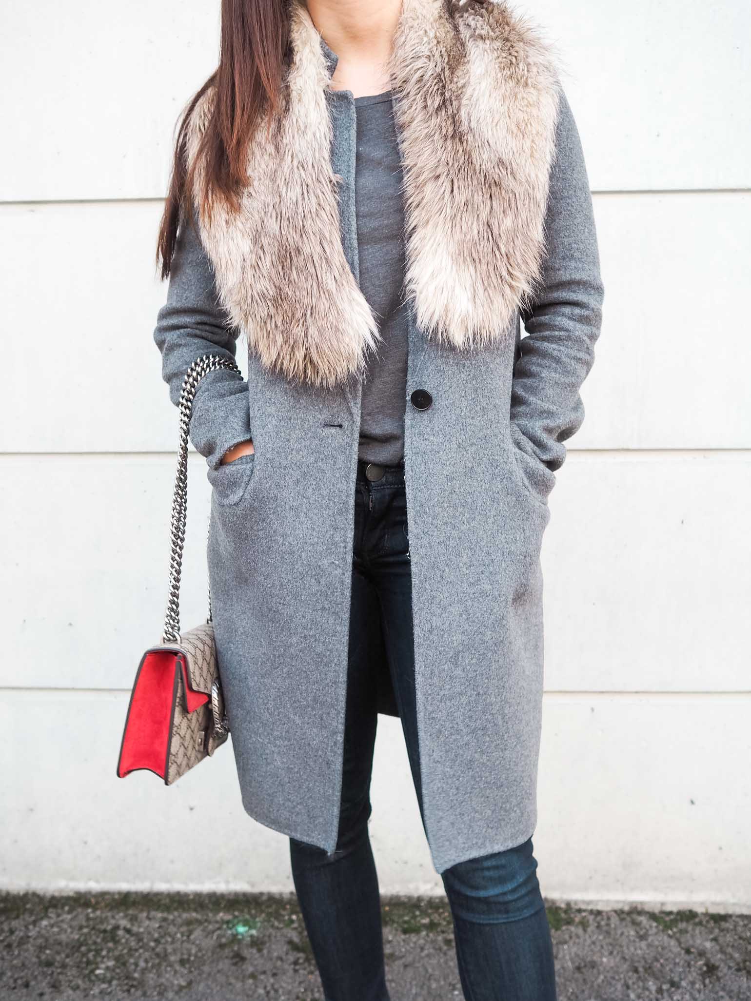 Fashion blogger is wearing a casual weekend style with faux fur