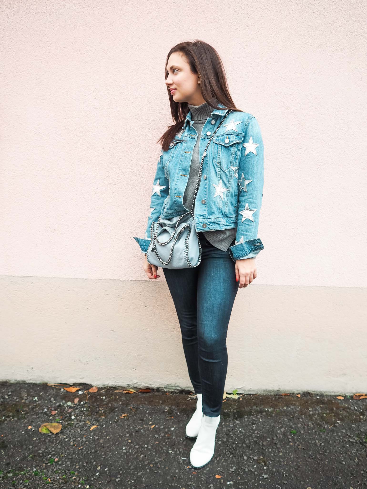 Cristina from The Brunette Nomad, Dallas fashion blogger living in Switzerland, shows you how to winterize your denim jacket using her favorite star printed denim jacket