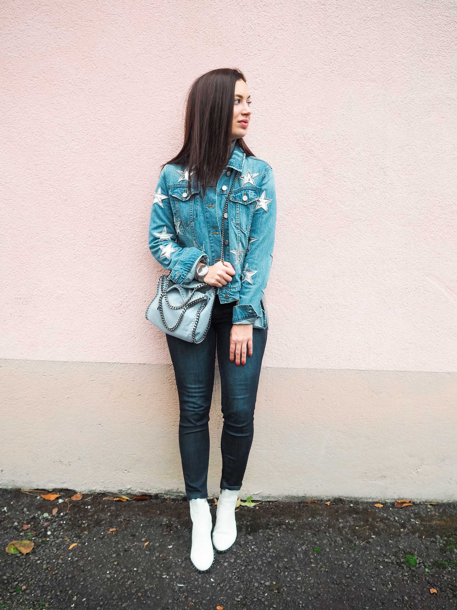 Cristina from The Brunette Nomad, Dallas fashion blogger living in Switzerland, shows you how to winterize your denim jacket using her favorite star printed denim jacket