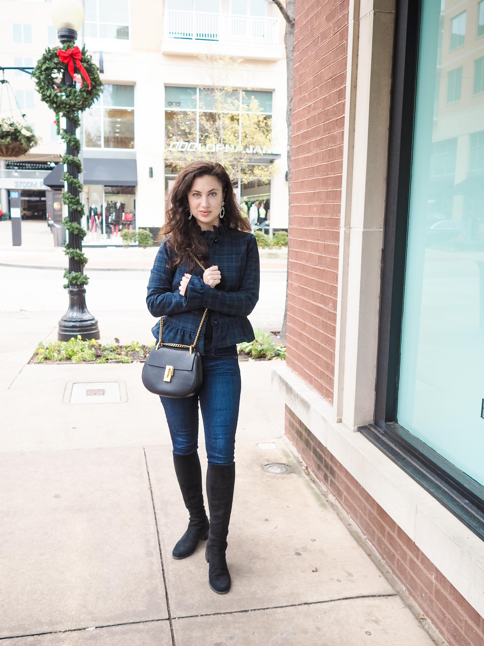 Dallas fashion blogger style; Banana Republic Plaid Jacket, NYDJ, Stuart Weitzman 5050 boots, Chloe Drew, BaubleBar statement earrings