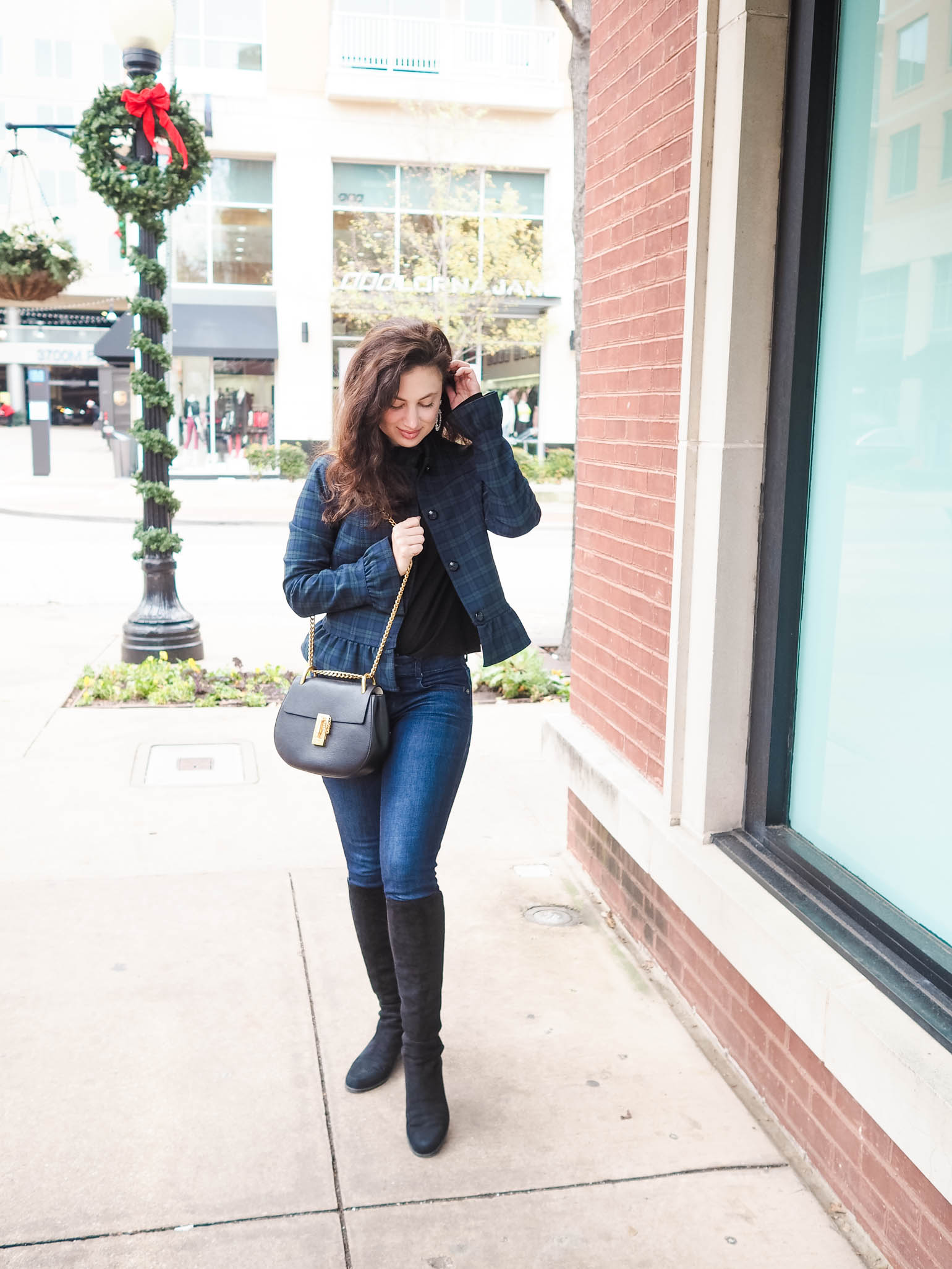 Dallas fashion blogger style; Banana Republic Plaid Jacket, NYDJ, Stuart Weitzman boots, Chloe Drew, BaubleBar earrings