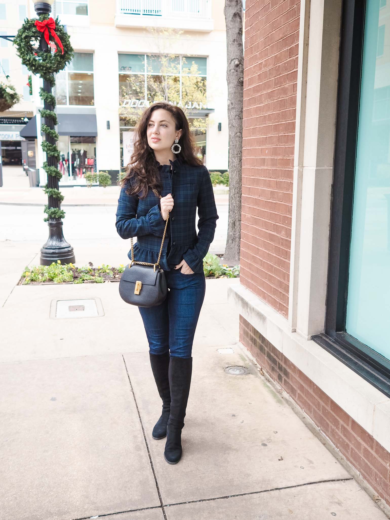 Dallas fashion blogger style; Banana Republic plaid and ruffle Jacket, NYDJ, Stuart Weitzman boots, Chloe Drew, BaubleBar hoop earrings