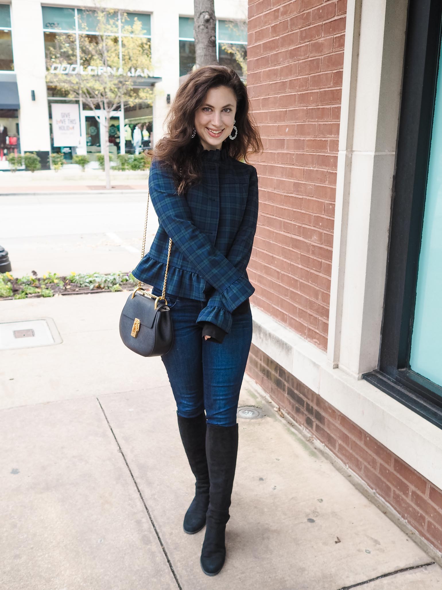 Dallas fashion blogger style; Banana Republic plaid jacket, NYDJ, Stuart Weitzman OTK boots, Chloe Drew, BaubleBar statement earrings