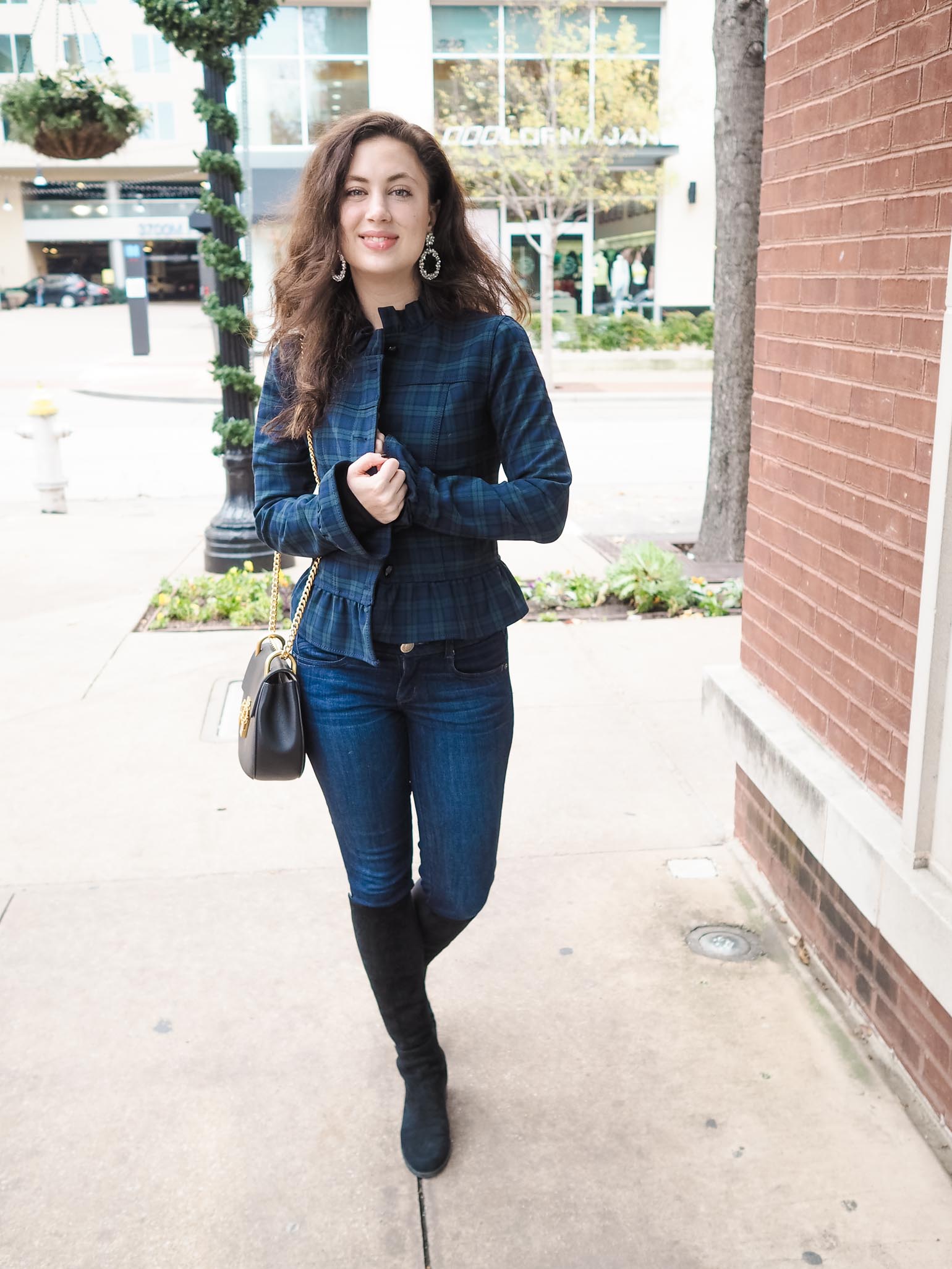 Dallas fashion blogger style; Banana Republic plaid and ruffle jacket, NYDJ, Stuart Weitzman boots, Chloe Drew, BaubleBar statement earrings