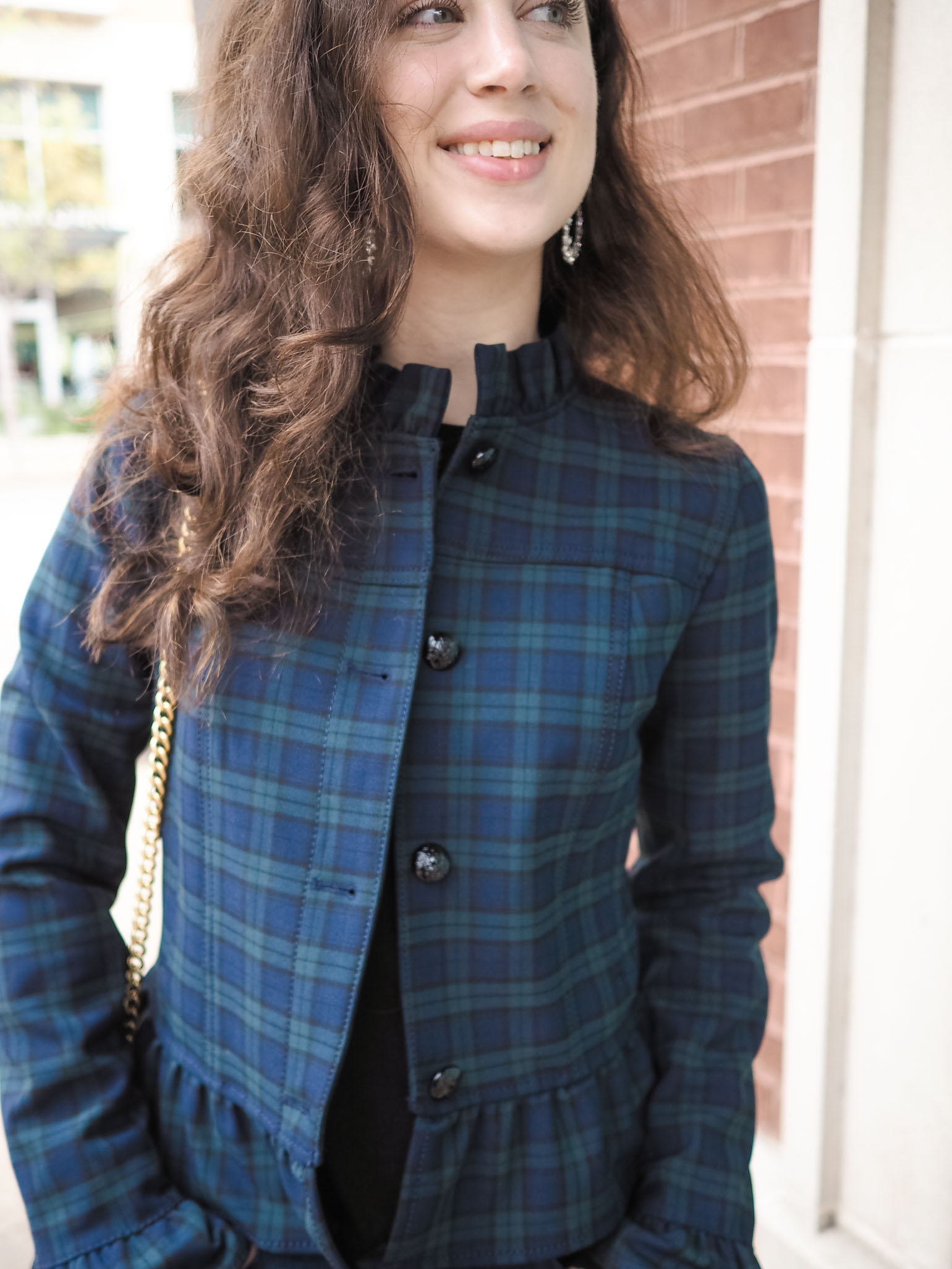 Dallas fashion blogger style; Banana Republic plaid and ruffle jacket and BaubleBar statement earrings