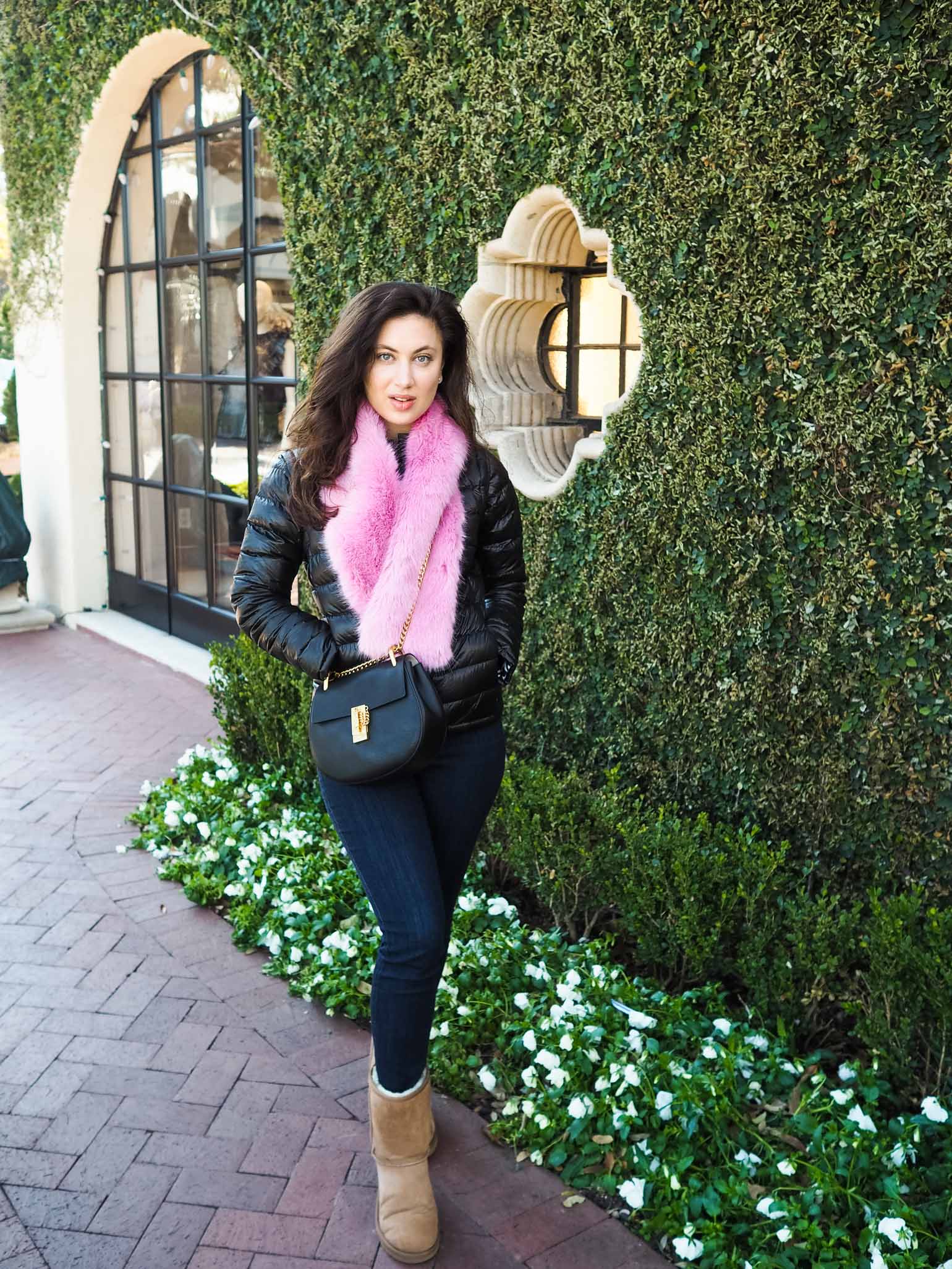 Dallas fashion blogger style; black Max & Co puffer jacket, NYDJ jeans, UGG boots, J.Crew faux fur stole, and small Chloe Drew