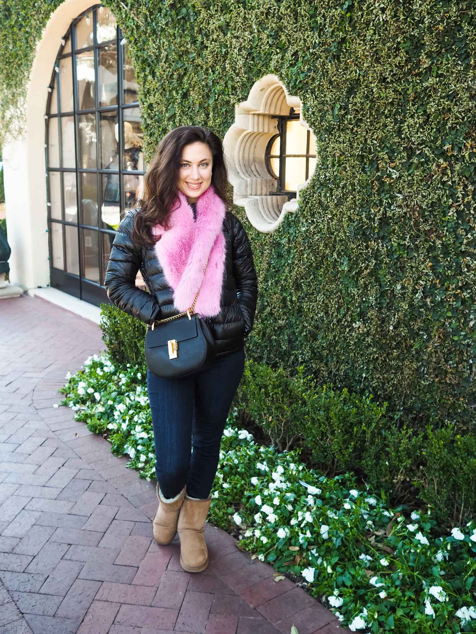 Dallas fashion blogger style; Max & Co puffer jacket, NYDJ jeans, UGG boots, J.Crew faux fur stole, and black Chloe Drew