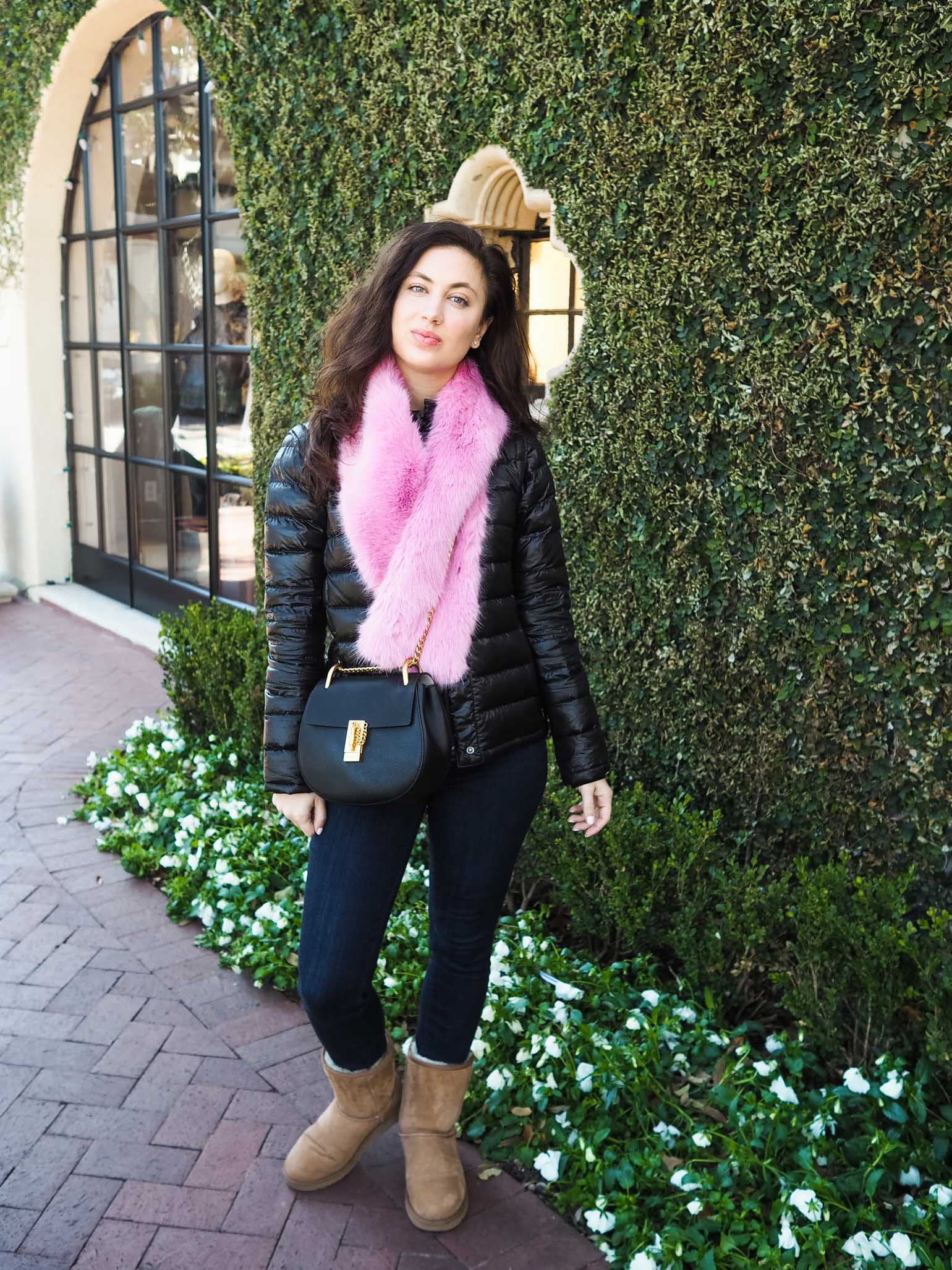Dallas fashion blogger style; Max & Co puffer jacket, NYDJ dark wash jeans, UGG boots, J.Crew faux fur stole, and Chloe Drew