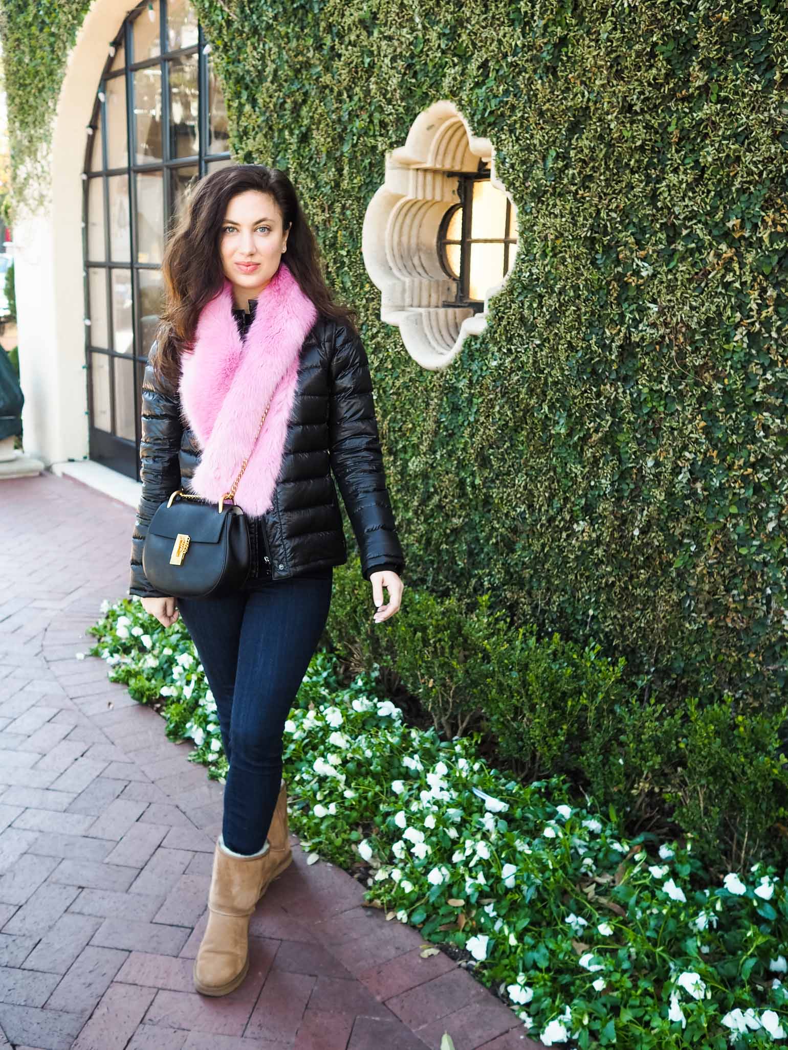 Dallas fashion blogger style; puffer jacket, NYDJ dark wash jeans, UGG boots, J.Crew faux fur stole, and Chloe Drew