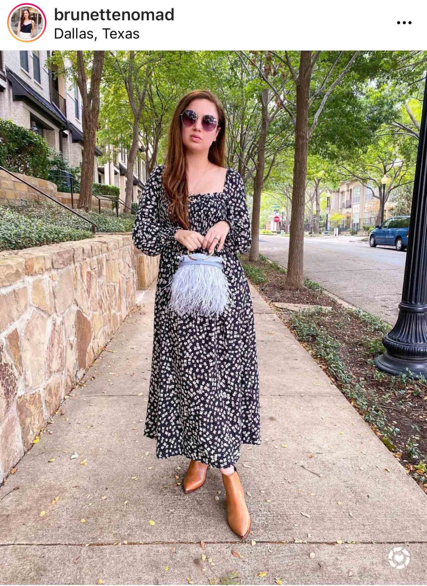 Dallas fashion blogger shares fall and winter outfit inspiration - floral midi dress and feather bag