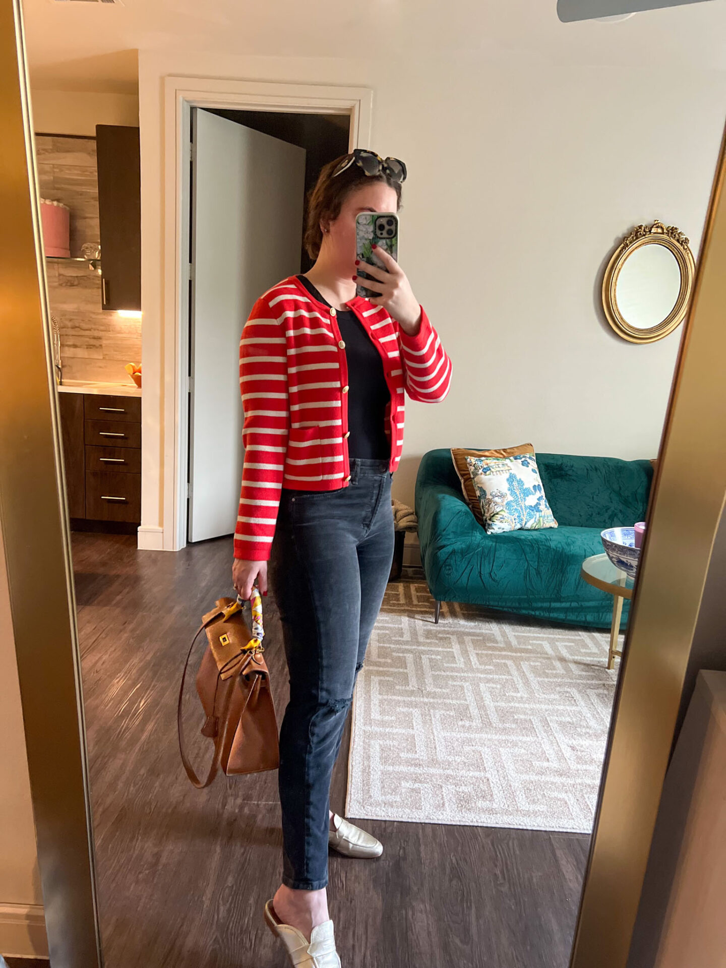 Dallas fashion blogger shares how to style stripe cardigan and Hermes Kelly for fall